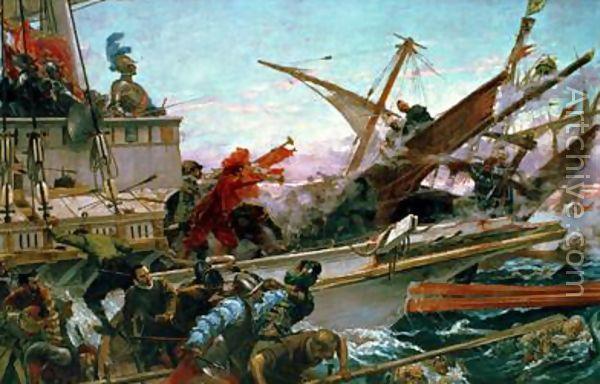 Juan Luna The Naval Battle of Lepanto of 1571 waged by Don John of Austria. Don Juan of Austria in battle, at the bow of the ship, oil painting image